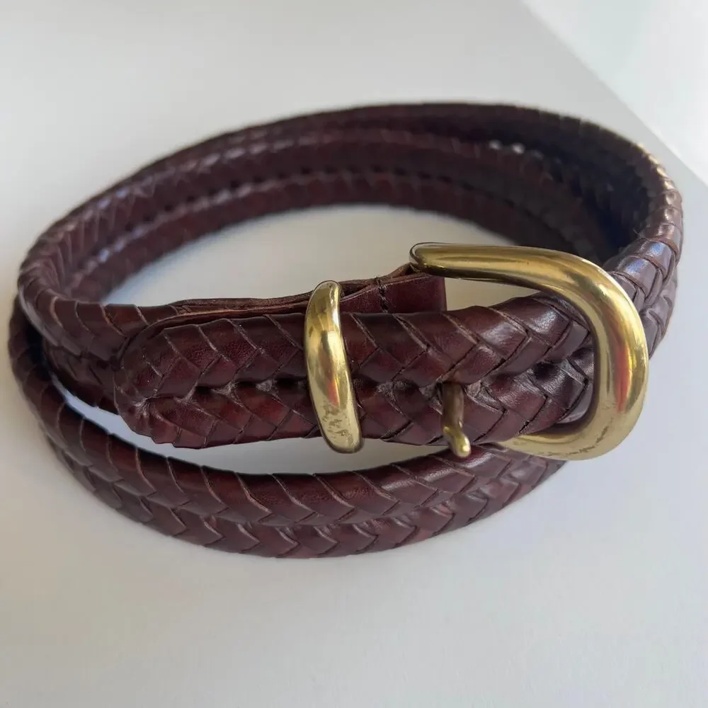 Coach Brown Braided Leather Belt Solid Brass Buckle Adjustable Vintage 36